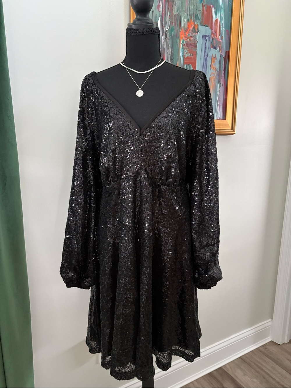 SHEIN Black Sequin V-Neck Long Sleeve Dress